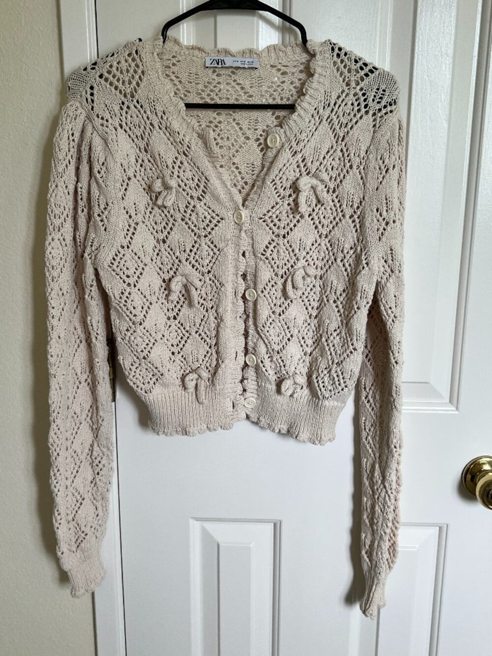 ZARA Bow and Crochet Cropped Cardigan 0021/105, Beige, Size M